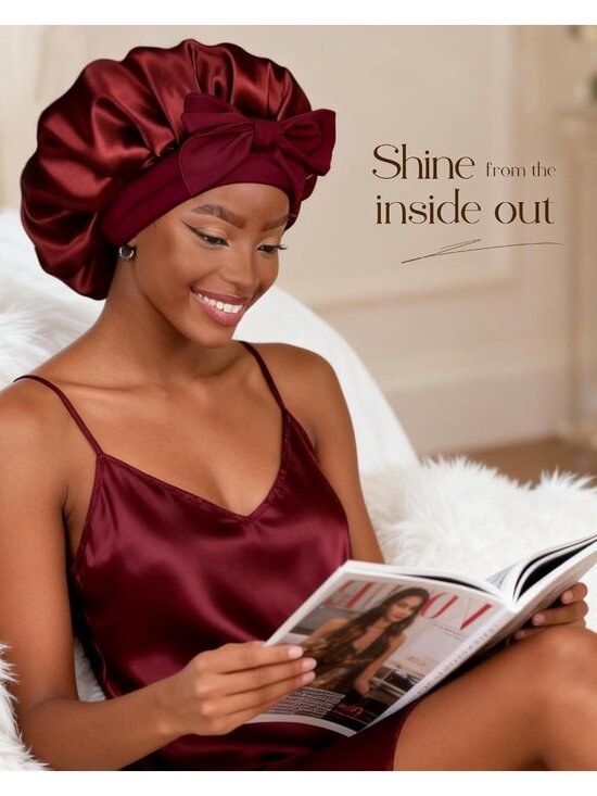 〽️Women Burgundy Doubl Layer Hair Wrap Reduce Friction Prevent Frizz Satin Bonet